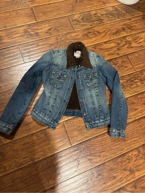 True Religion Blue Denim Jacket with Brown Sherpa Collar
